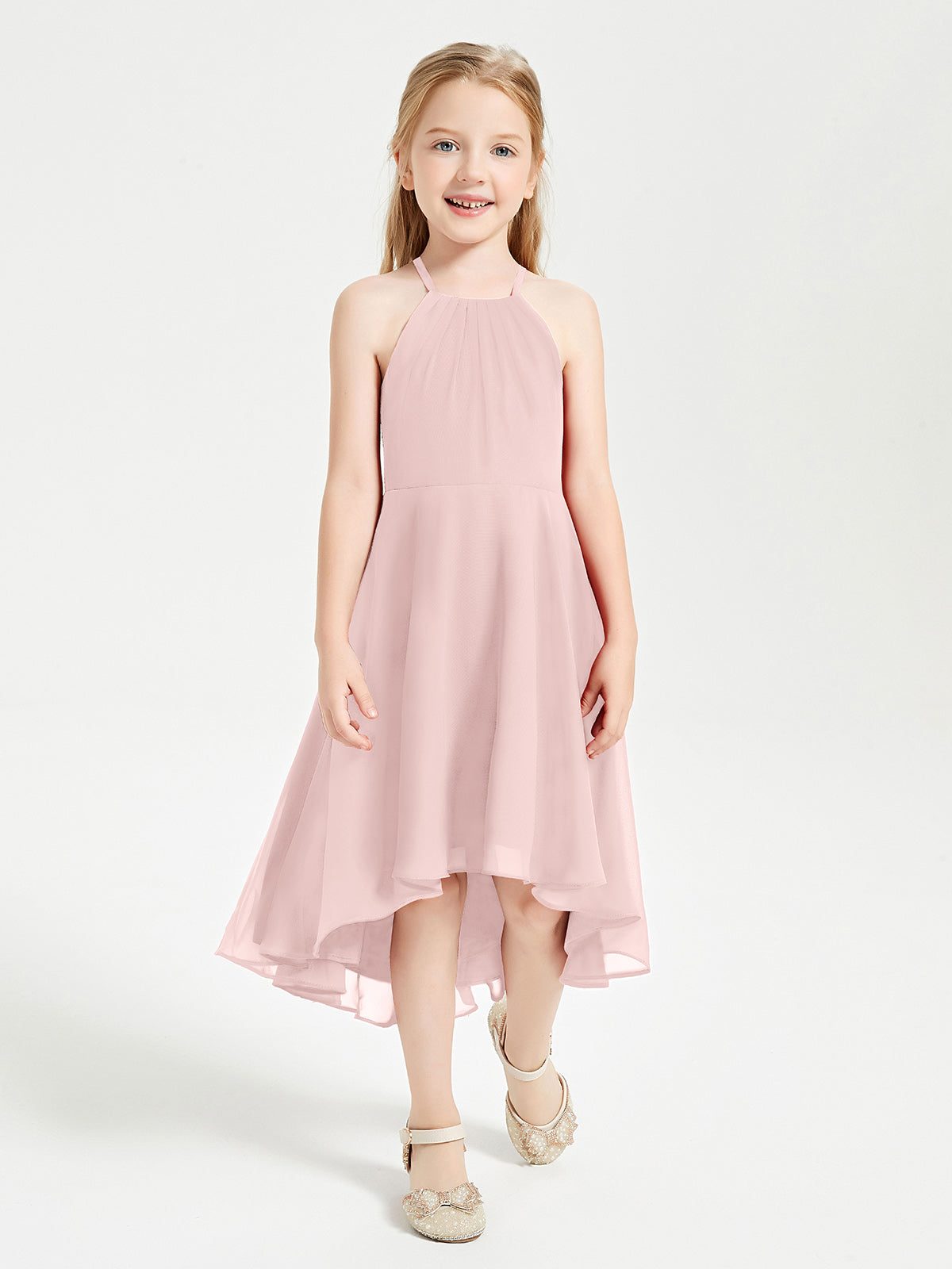Tea Length Junior Bridesmaid Dresses with Asymmetrical Skirts Dusty Rose